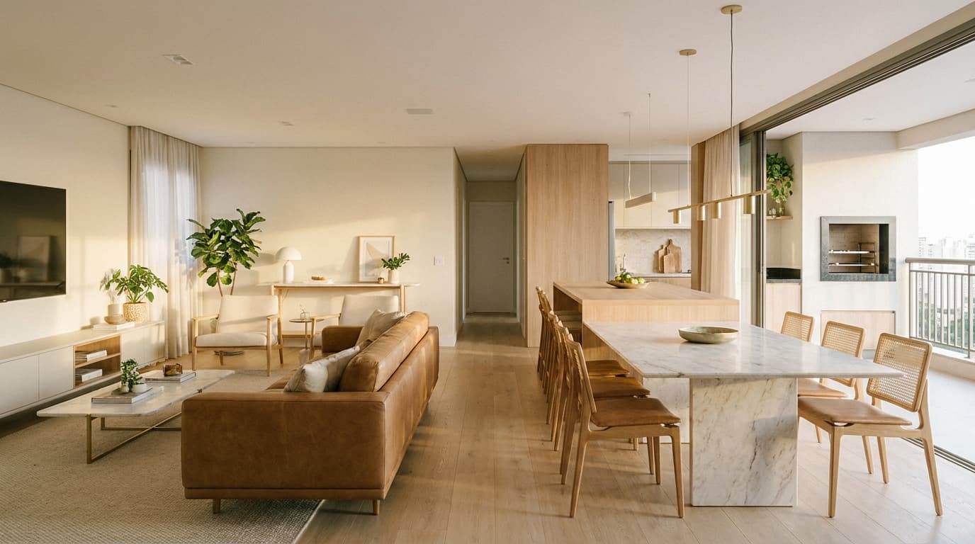 Apartamento amplo com sala de estar, jantar, cozinha e churrasqueira integrados